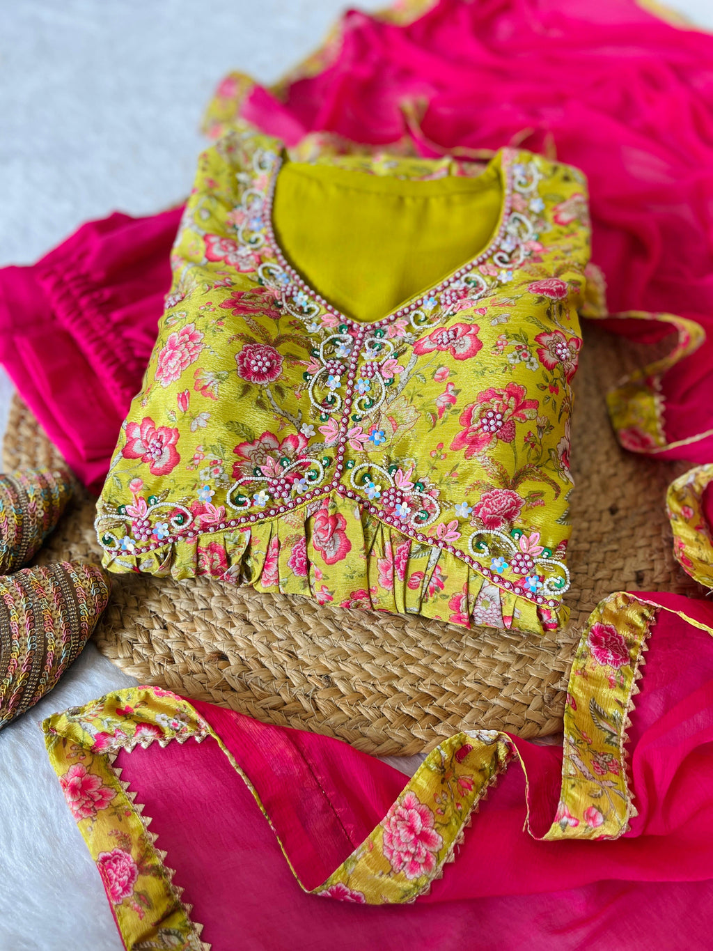 Hypnotic Yellow Soft Chinon Floral Printed Handworked Anarkali Pant Suit - Ethnicwish