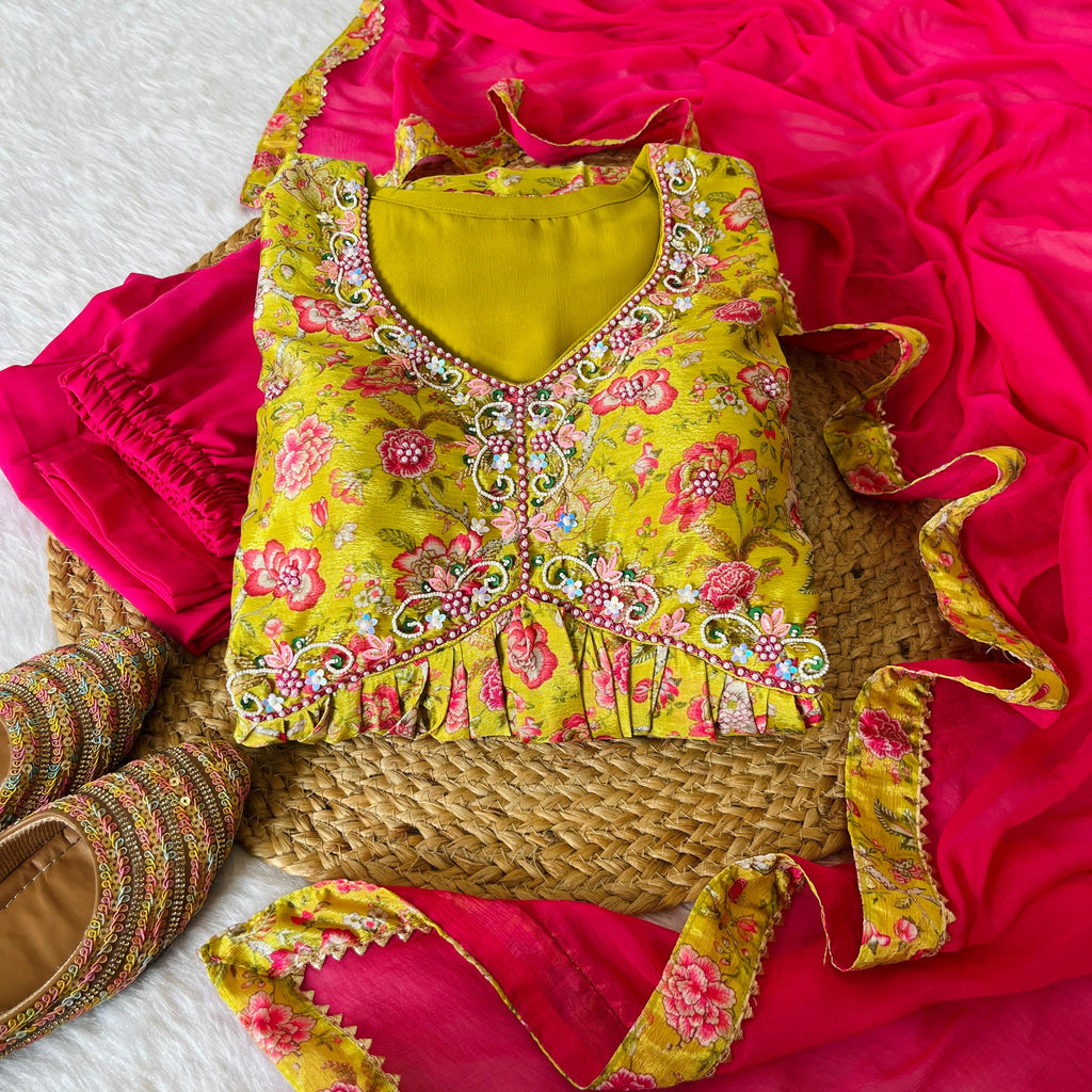 Hypnotic Yellow Soft Chinon Floral Printed Handworked Anarkali Pant Suit - Ethnicwish