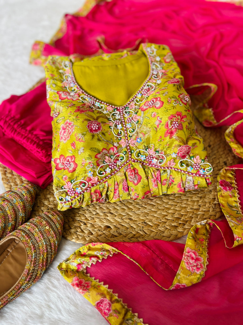 Hypnotic Yellow Soft Chinon Floral Printed Handworked Anarkali Pant Suit - Ethnicwish