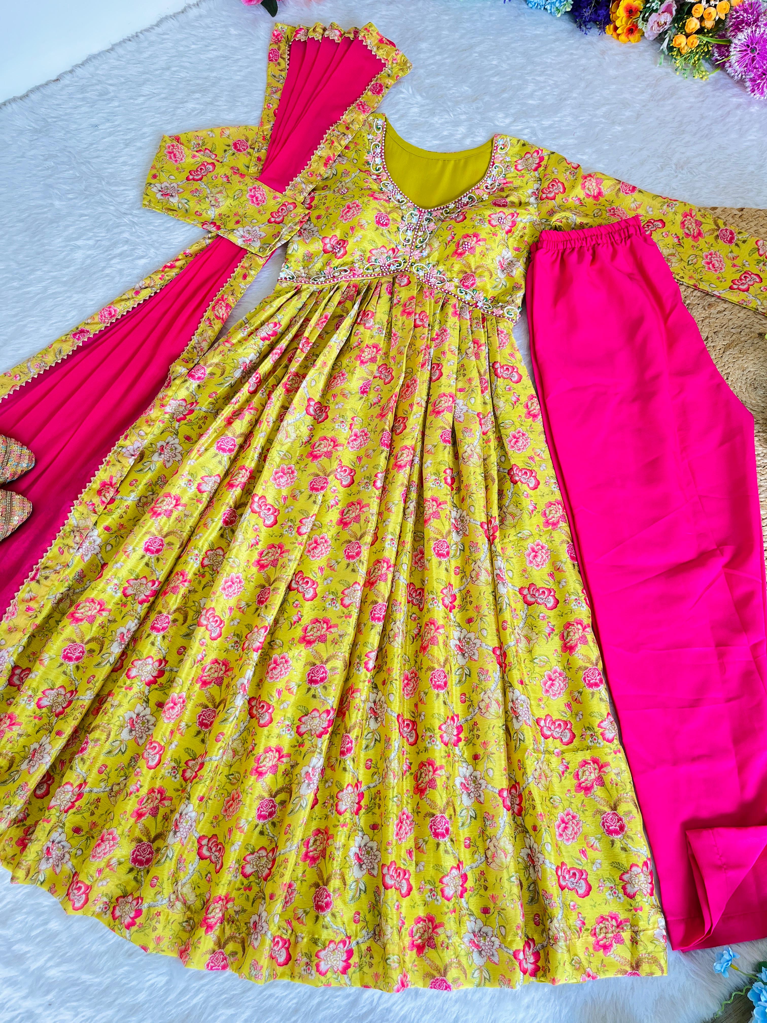 Hypnotic Yellow Soft Chinon Floral Printed Handworked Anarkali Pant Suit - Ethnicwish
