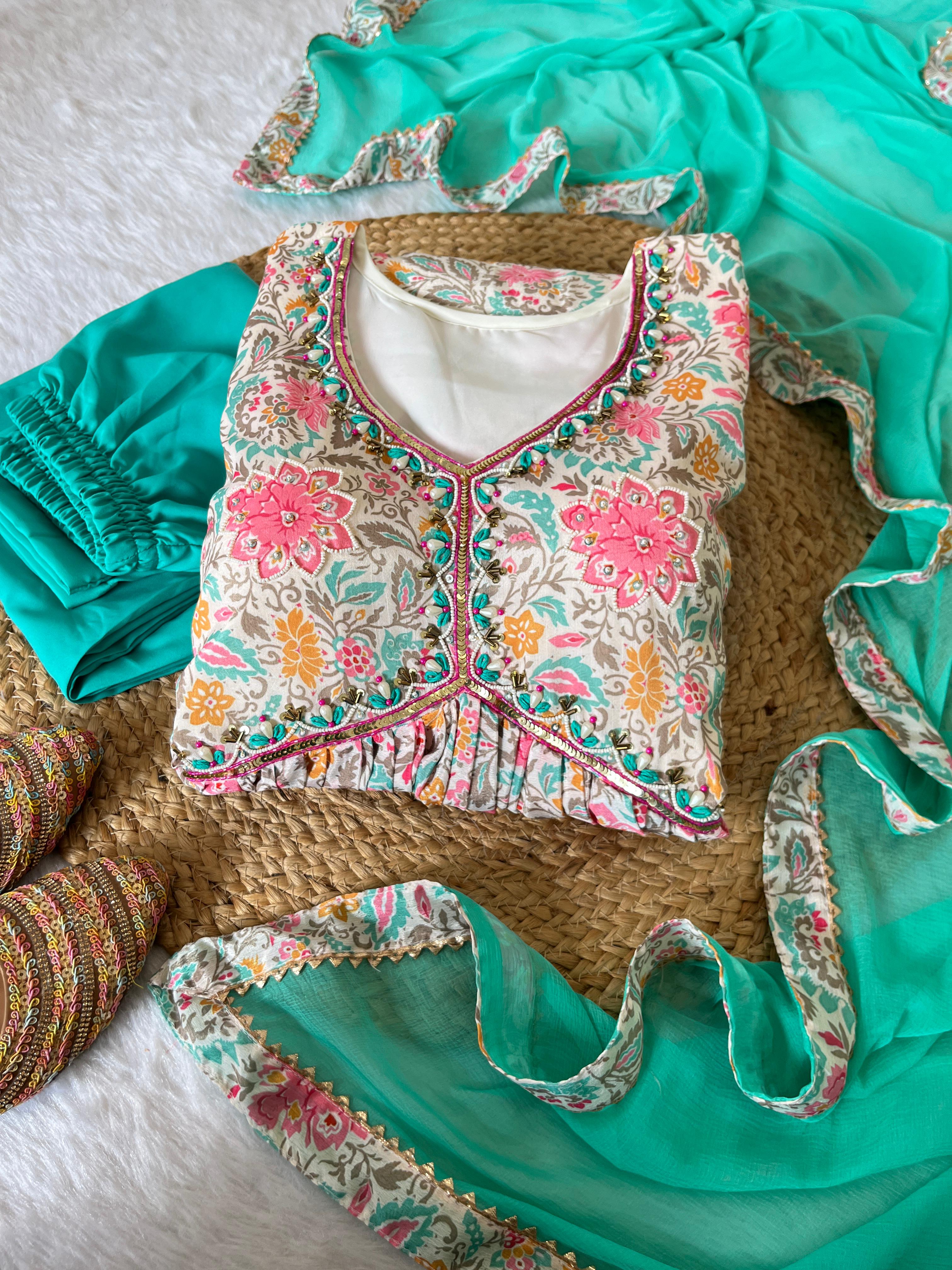 Lovely Soft Chinon Floral Printed Handworked  Festival Wear Anarkali Pant Suit - Ethnicwish