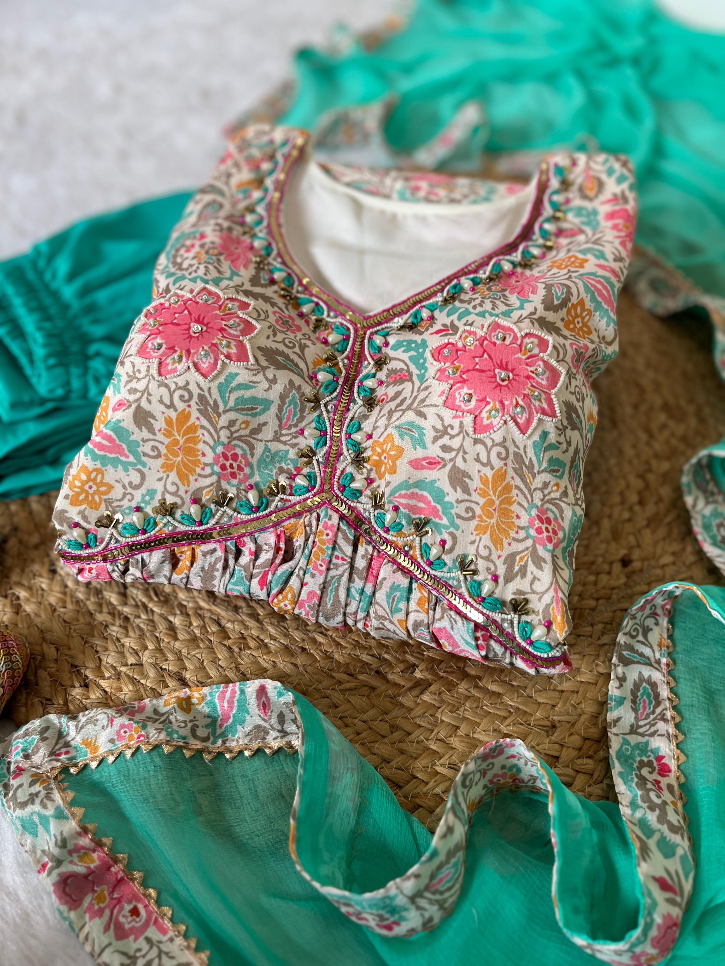 Lovely Soft Chinon Floral Printed Handworked  Festival Wear Anarkali Pant Suit - Ethnicwish