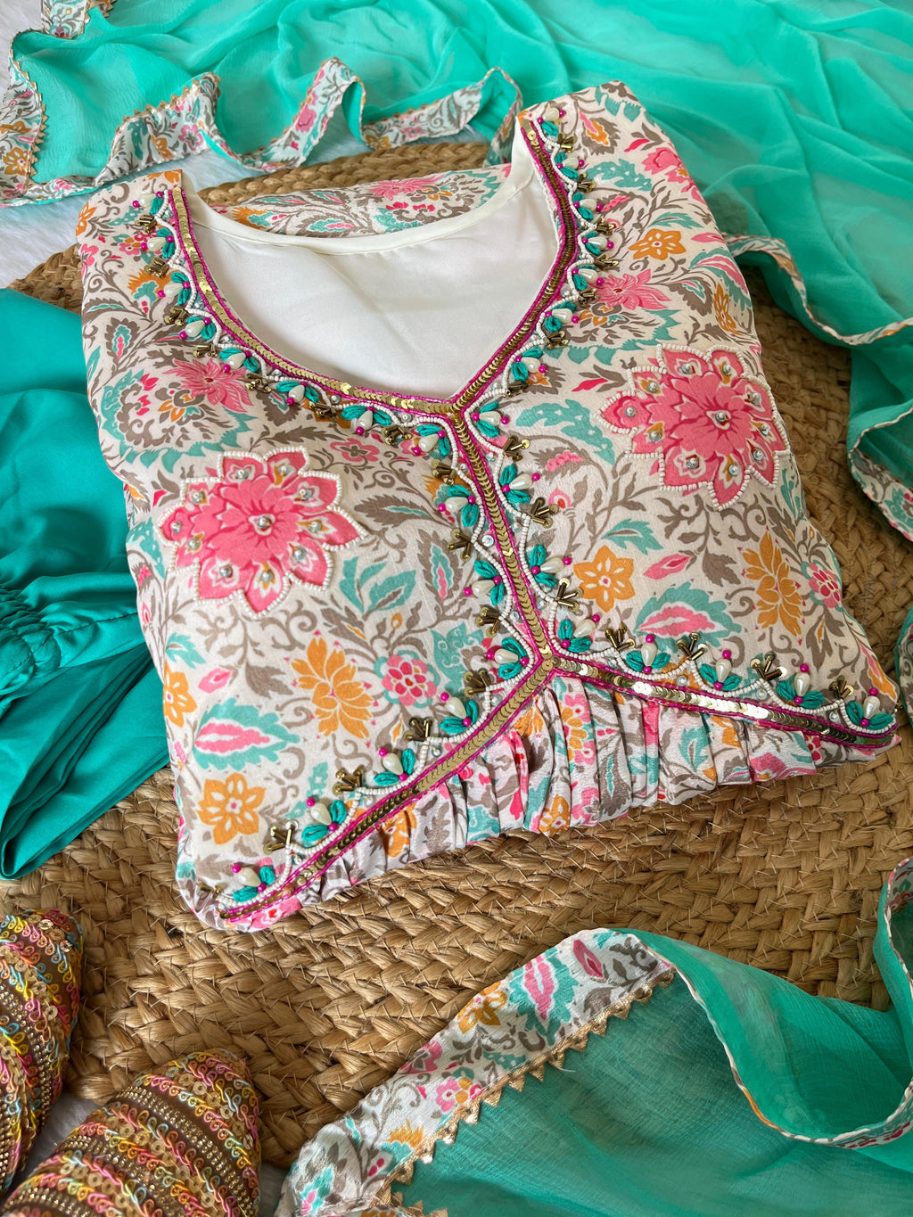 Lovely Soft Chinon Floral Printed Handworked  Festival Wear Anarkali Pant Suit - Ethnicwish