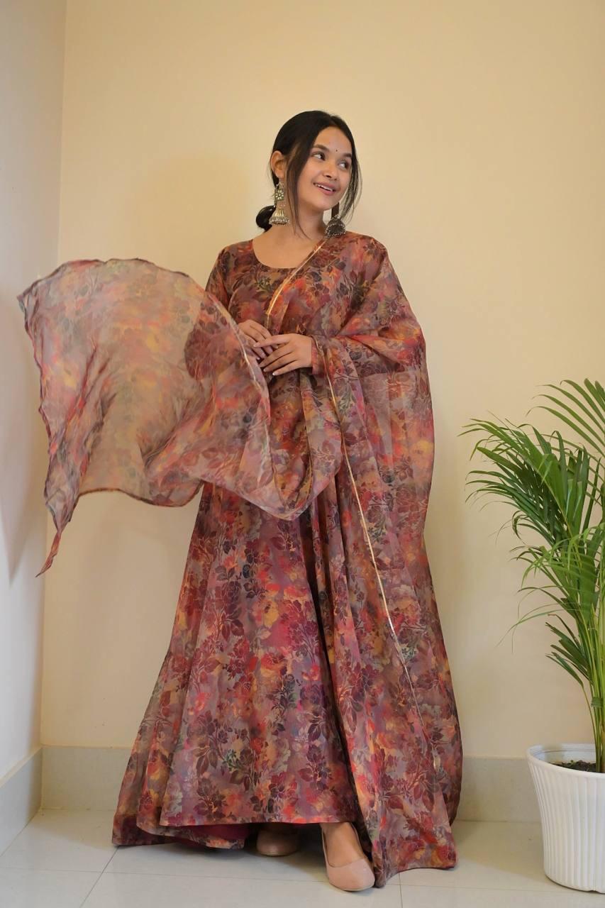 Luminous Brown Floral Digital Printed Organza Silk Anarkali Pant Suit - Ethnicwish