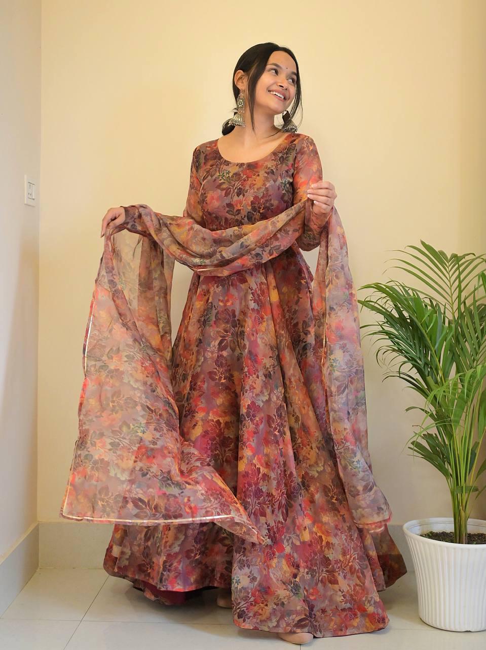 Luminous Brown Floral Digital Printed Organza Silk Anarkali Pant Suit - Ethnicwish