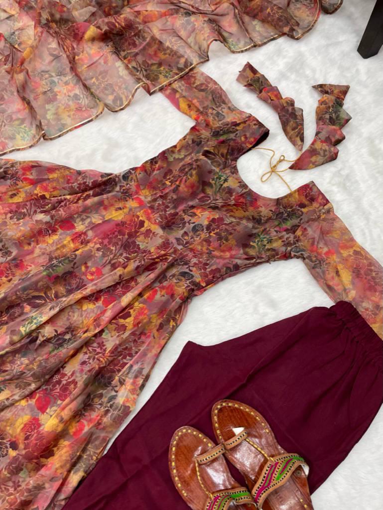Luminous Brown Floral Digital Printed Organza Silk Anarkali Pant Suit - Ethnicwish