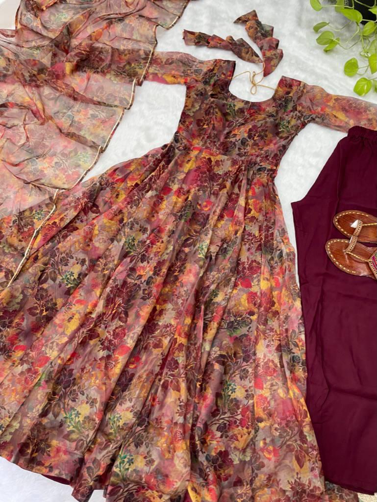 Luminous Brown Floral Digital Printed Organza Silk Anarkali Pant Suit - Ethnicwish