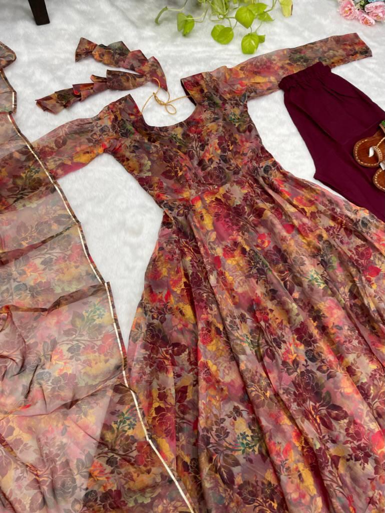 Luminous Brown Floral Digital Printed Organza Silk Anarkali Pant Suit - Ethnicwish