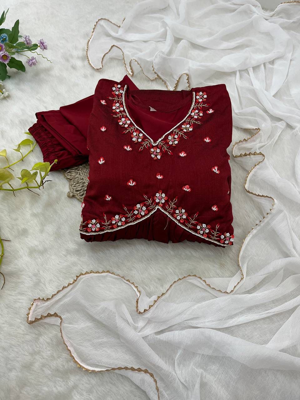 Luminous Vichitra Silk Maroon Handworked Anarkali Pant Suit - Ethnicwish