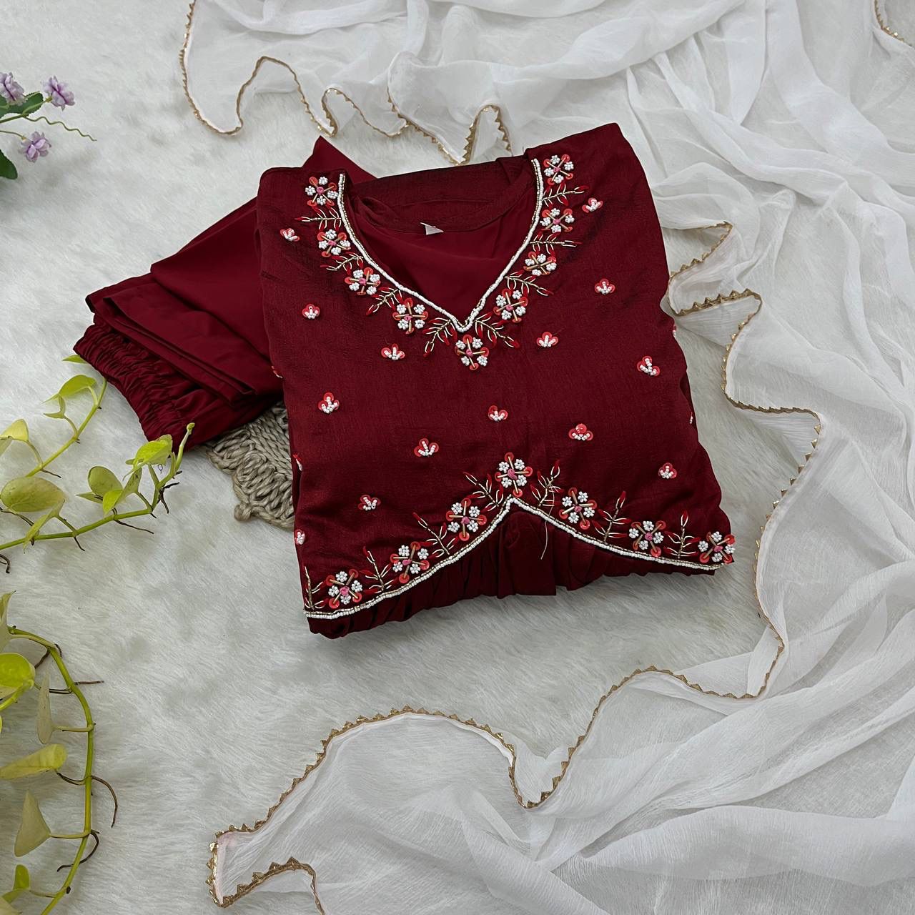 Luminous Vichitra Silk Maroon Handworked Anarkali Pant Suit - Ethnicwish