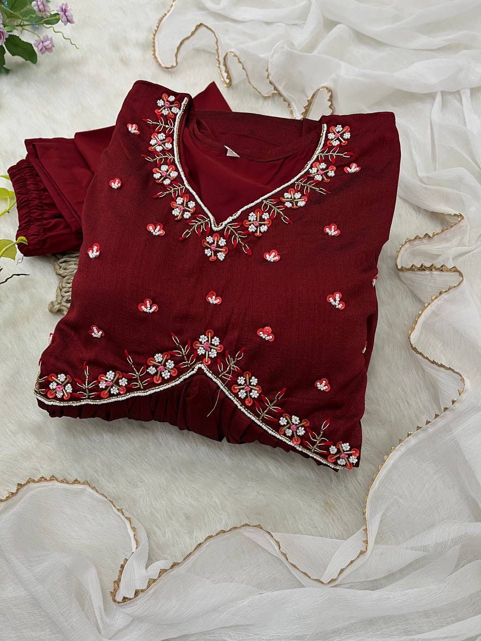 Luminous Vichitra Silk Maroon Handworked Anarkali Pant Suit - Ethnicwish