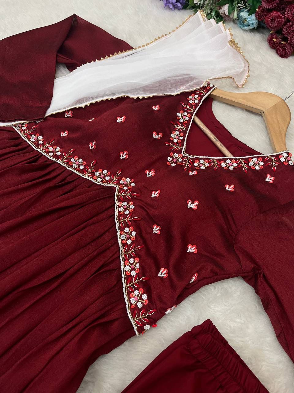 Luminous Vichitra Silk Maroon Handworked Anarkali Pant Suit - Ethnicwish