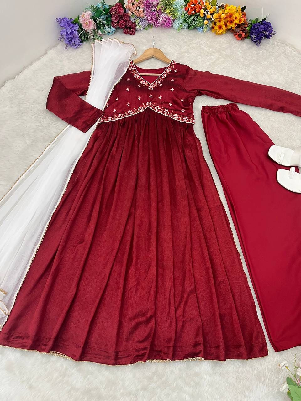 Luminous Vichitra Silk Maroon Handworked Anarkali Pant Suit - Ethnicwish