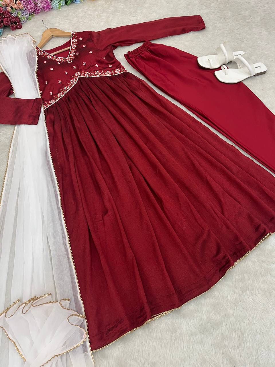 Luminous Vichitra Silk Maroon Handworked Anarkali Pant Suit - Ethnicwish