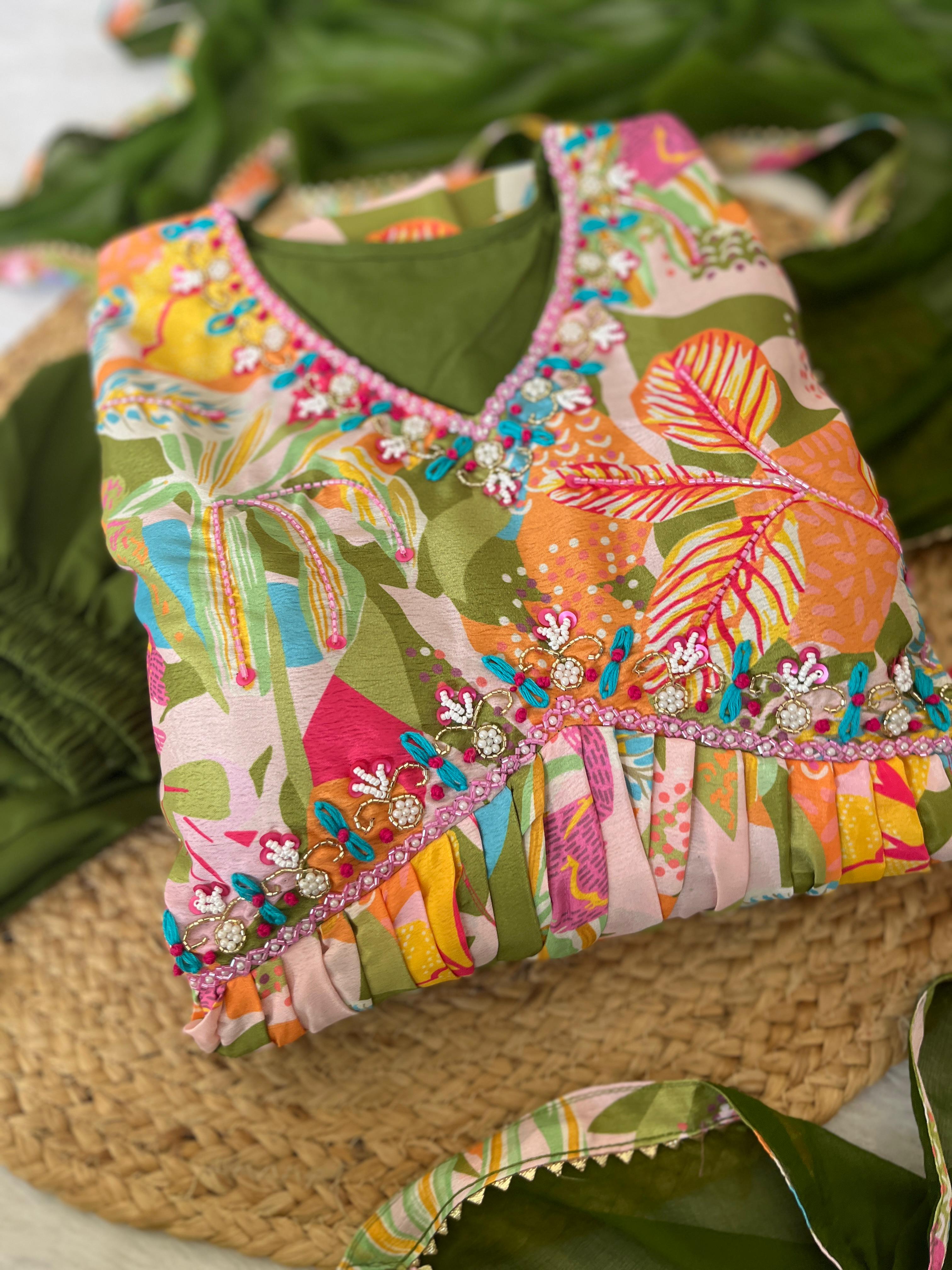 Magnificent Green Soft Chinon Floral Printed Handworked Festive Wear Anarkali Pant Suit - Ethnicwish