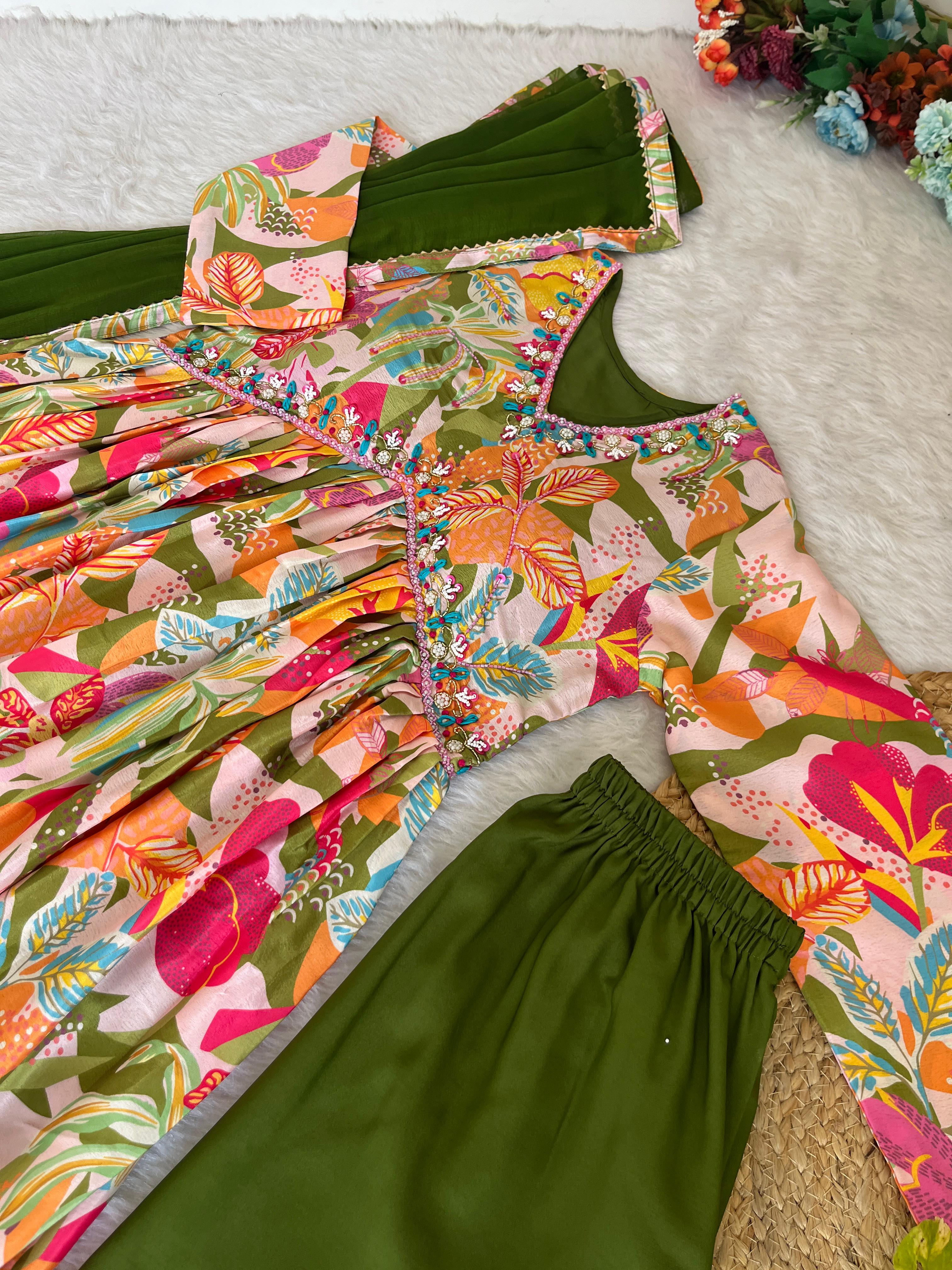 Magnificent Green Soft Chinon Floral Printed Handworked Festive Wear Anarkali Pant Suit - Ethnicwish