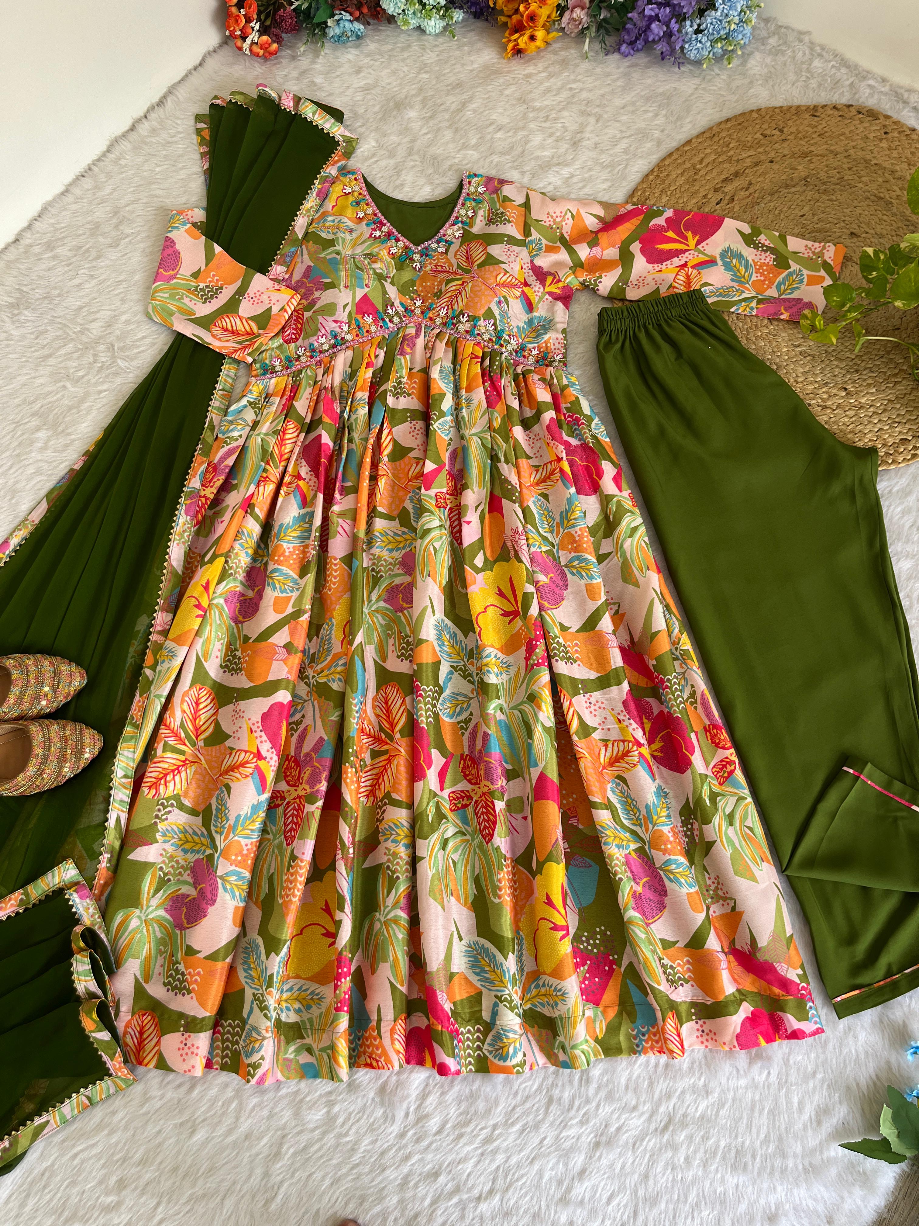 Magnificent Green Soft Chinon Floral Printed Handworked Festive Wear Anarkali Pant Suit - Ethnicwish
