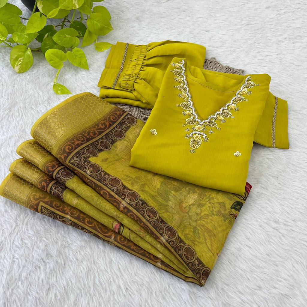 Magnificent Neon Chiffon Handcrafted Anarkali Pant Suit - Ethnicwish