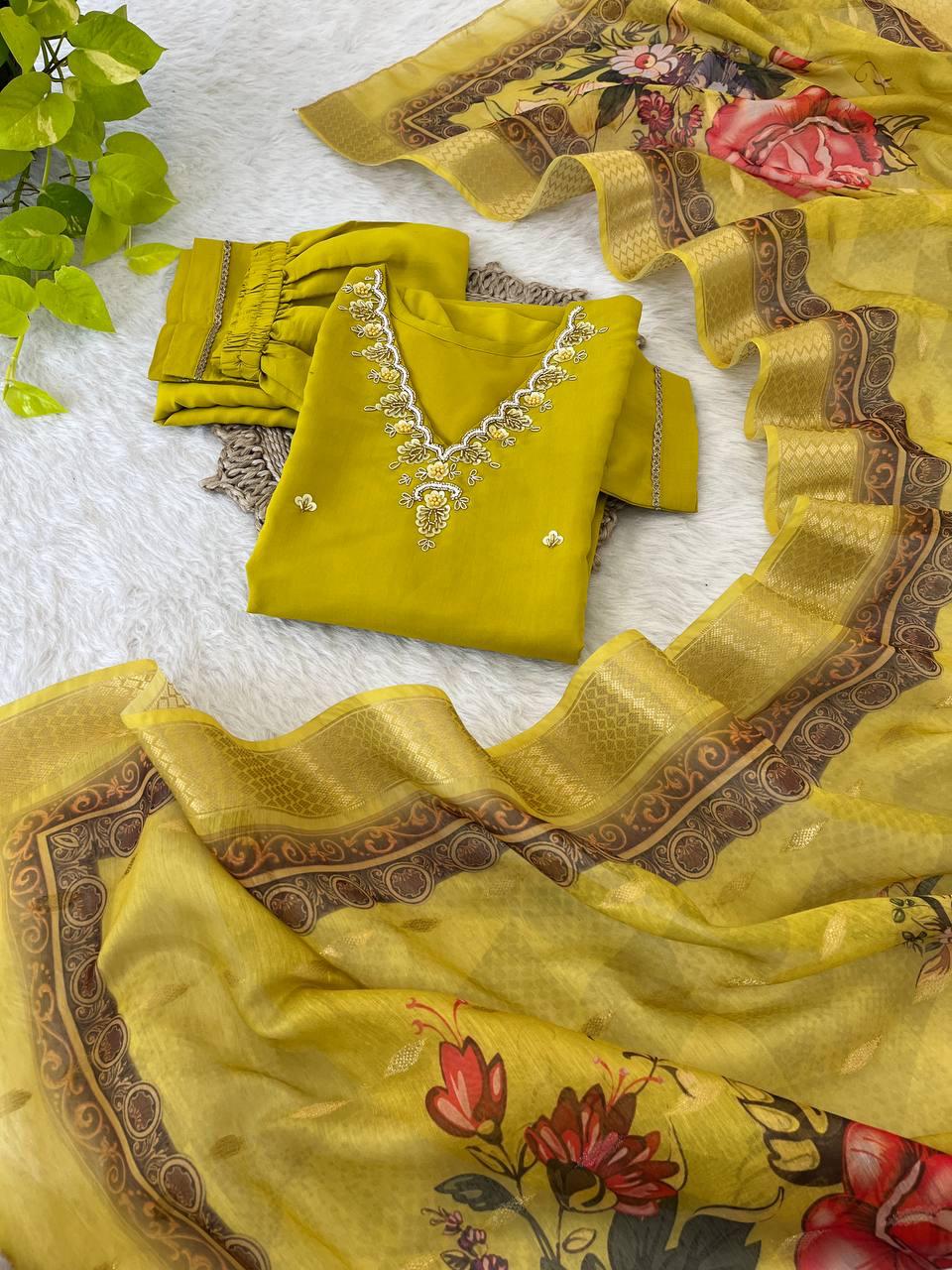 Magnificent Neon Chiffon Handcrafted Anarkali Pant Suit - Ethnicwish