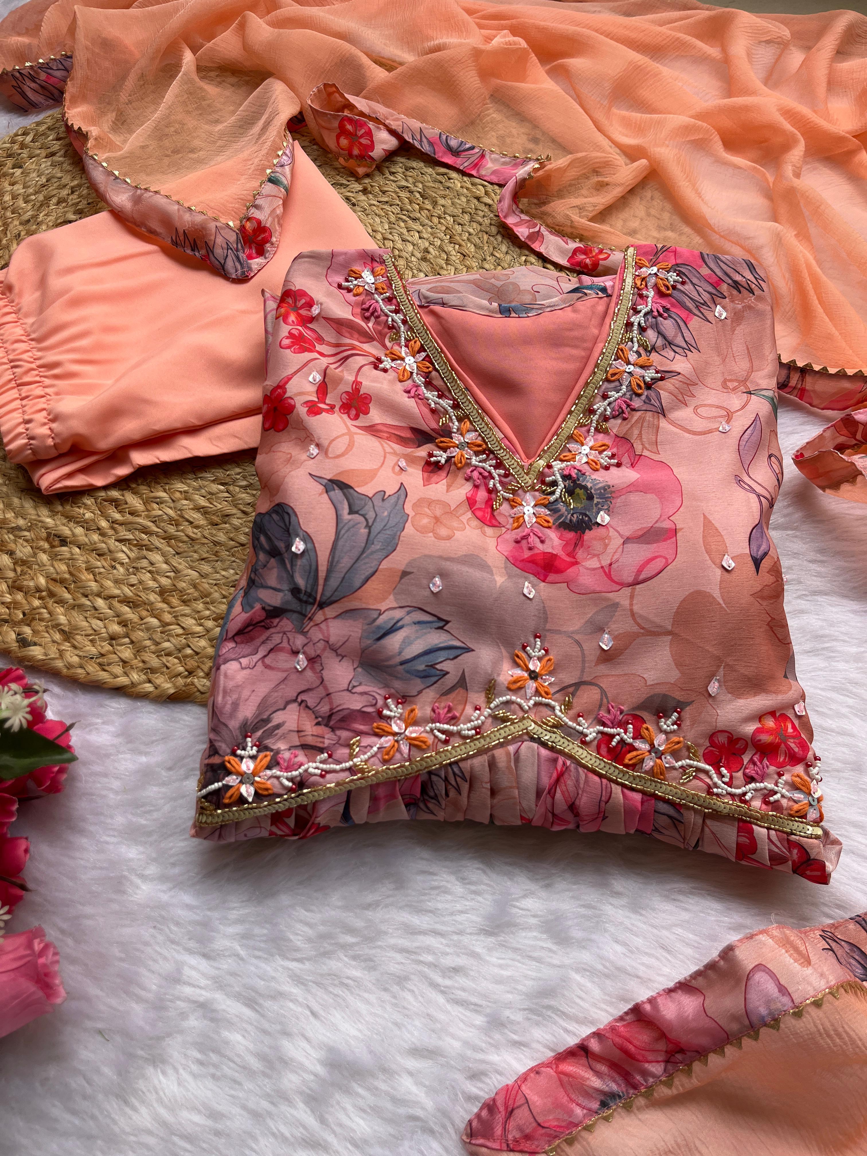 Mesmerizing Chinon Alia Cut Handworked Anarkali Pant Suit - Ethnicwish