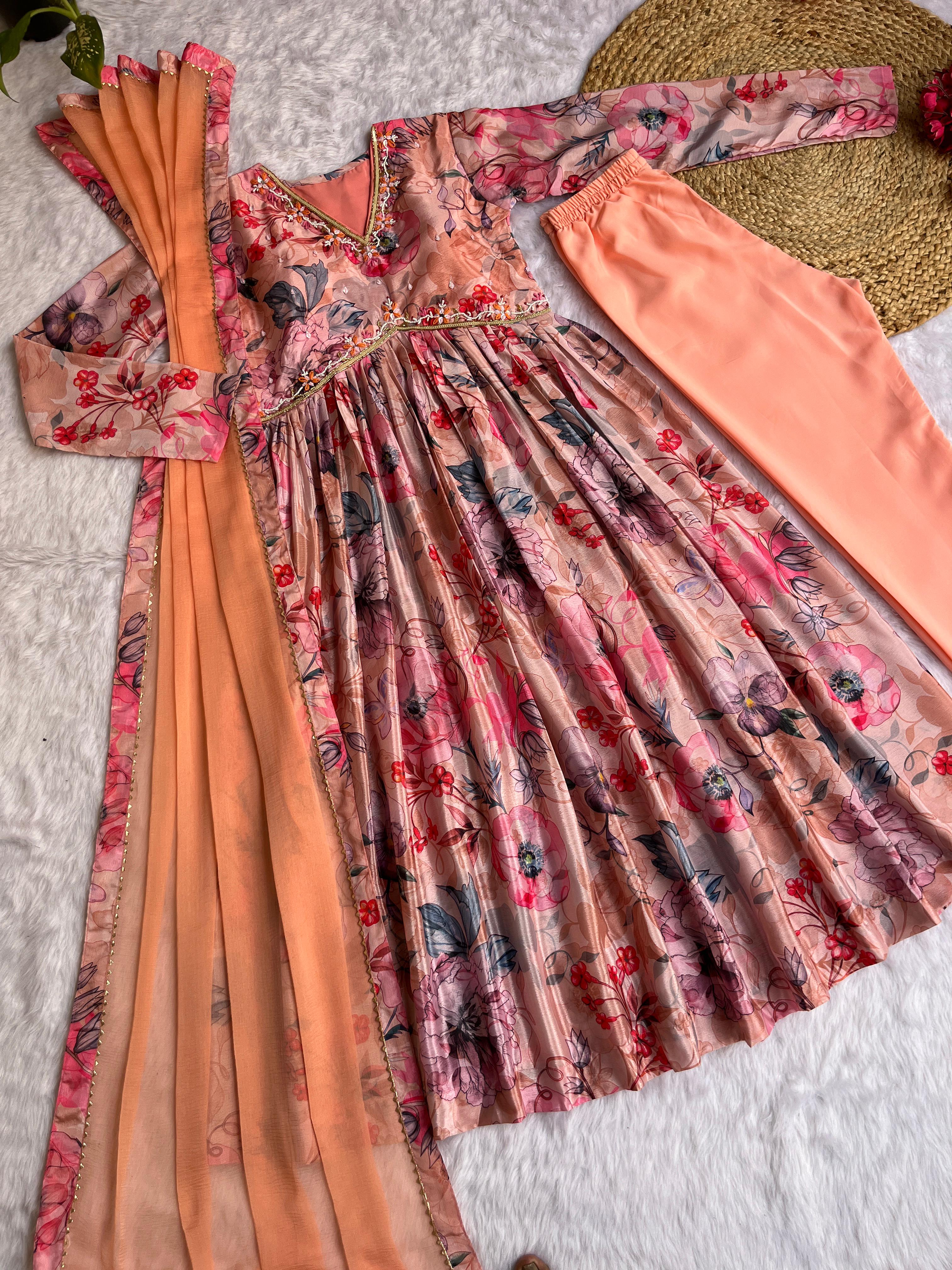 Mesmerizing Chinon Alia Cut Handworked Anarkali Pant Suit - Ethnicwish