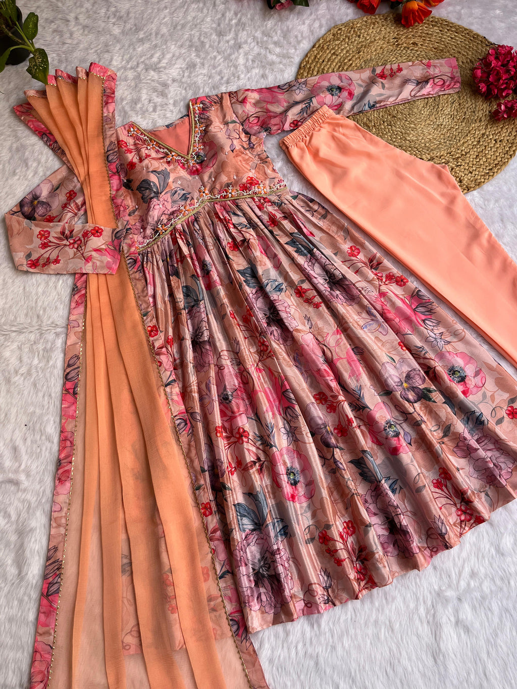 Mesmerizing Chinon Alia Cut Handworked Anarkali Pant Suit - Ethnicwish