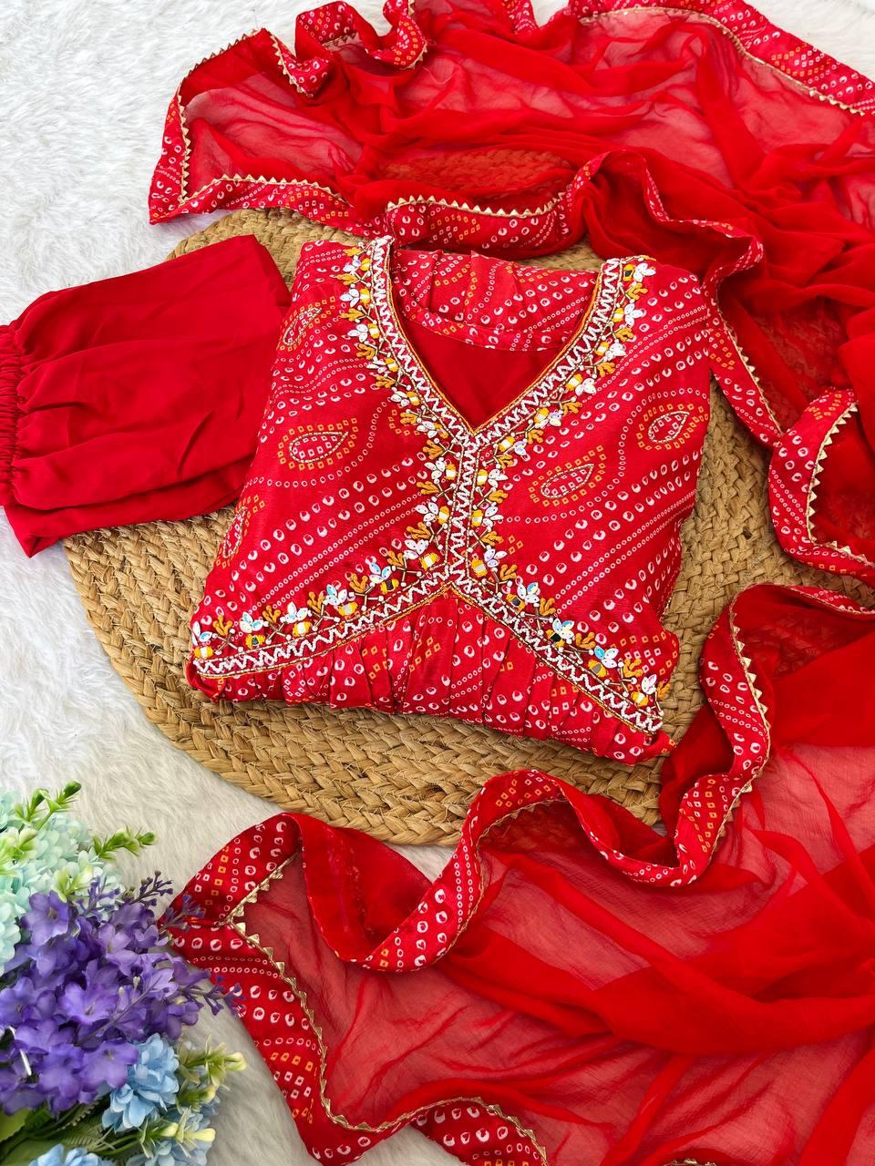 Ravishing Bandhej Printed Soft Chinon  Handworked Anarkali Pant Suit - Ethnicwish