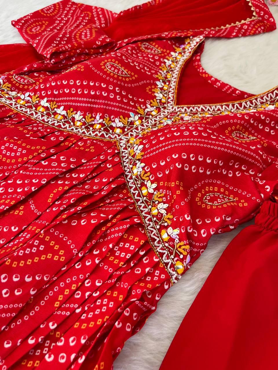 Ravishing Bandhej Printed Soft Chinon  Handworked Anarkali Pant Suit - Ethnicwish