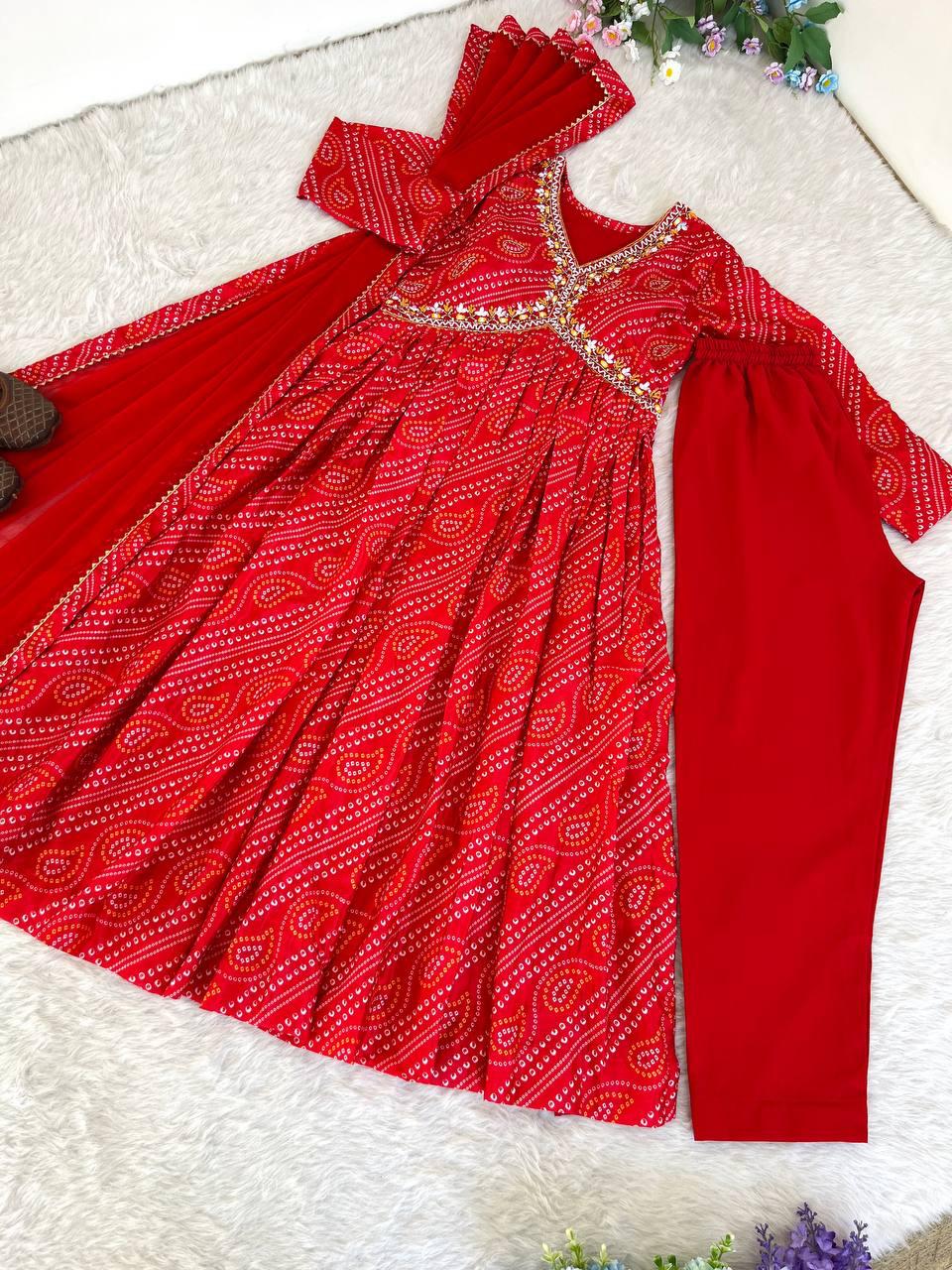 Ravishing Bandhej Printed Soft Chinon  Handworked Anarkali Pant Suit - Ethnicwish