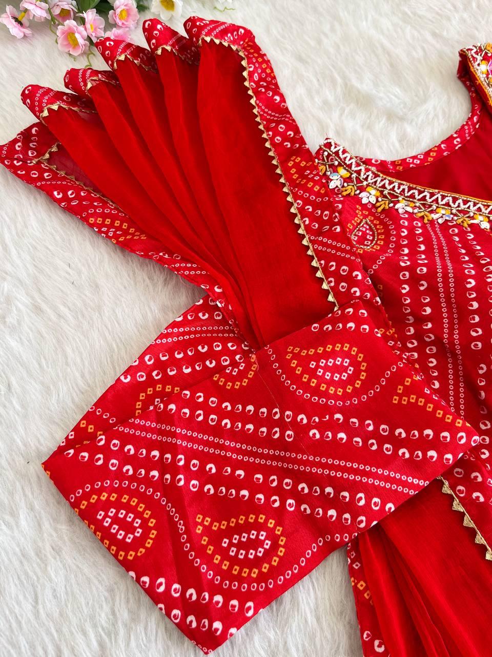 Ravishing Bandhej Printed Soft Chinon  Handworked Anarkali Pant Suit - Ethnicwish