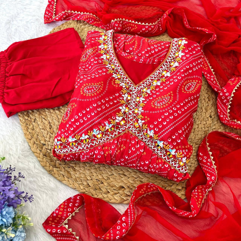 Ravishing Bandhej Printed Soft Chinon  Handworked Anarkali Pant Suit - Ethnicwish