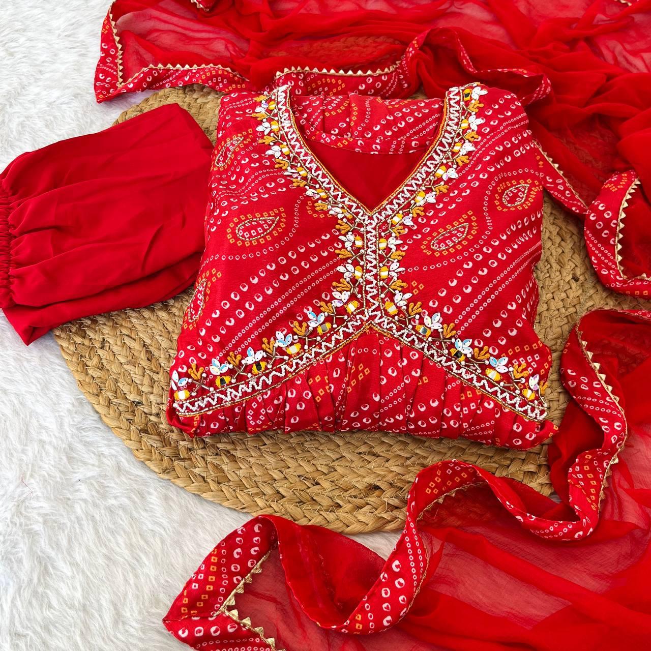 Ravishing Bandhej Printed Soft Chinon  Handworked Anarkali Pant Suit - Ethnicwish