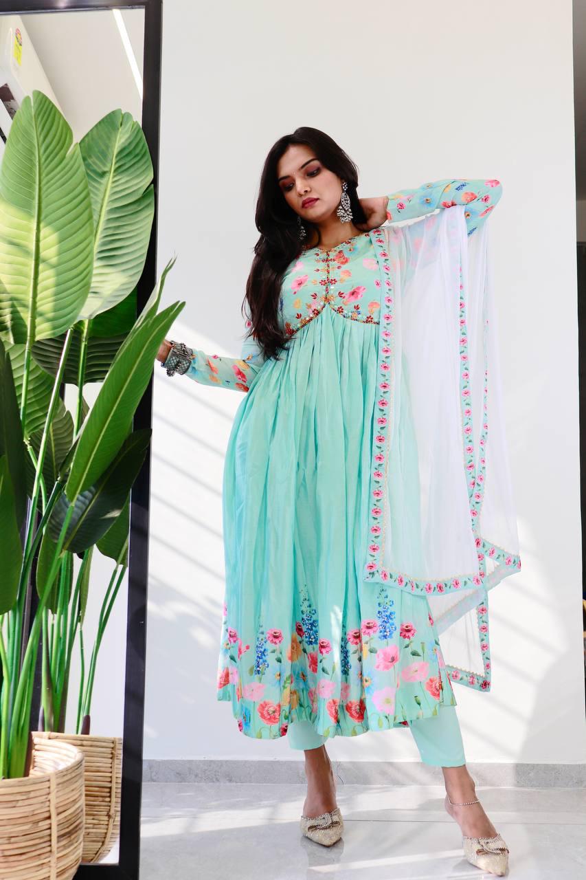 Ravishing Sky Blue Soft Chinon Floral Printed Handworked Anarkali Pant Suit - Ethnicwish