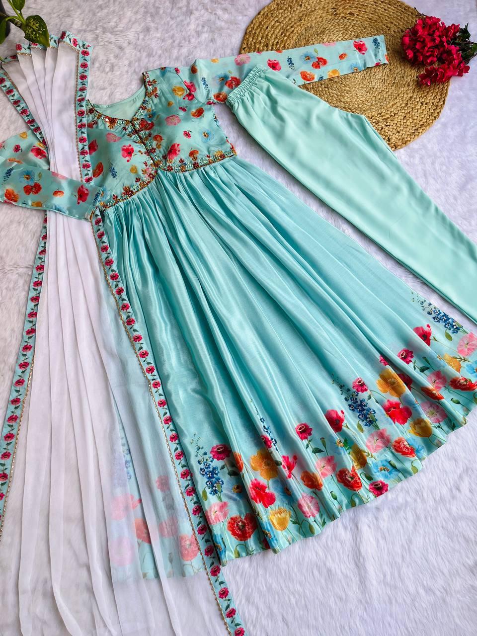 Ravishing Sky Blue Soft Chinon Floral Printed Handworked Anarkali Pant Suit - Ethnicwish