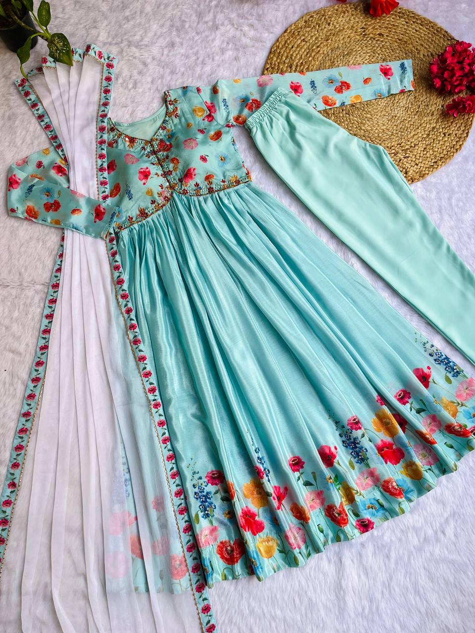 Ravishing Sky Blue Soft Chinon Floral Printed Handworked Anarkali Pant Suit - Ethnicwish