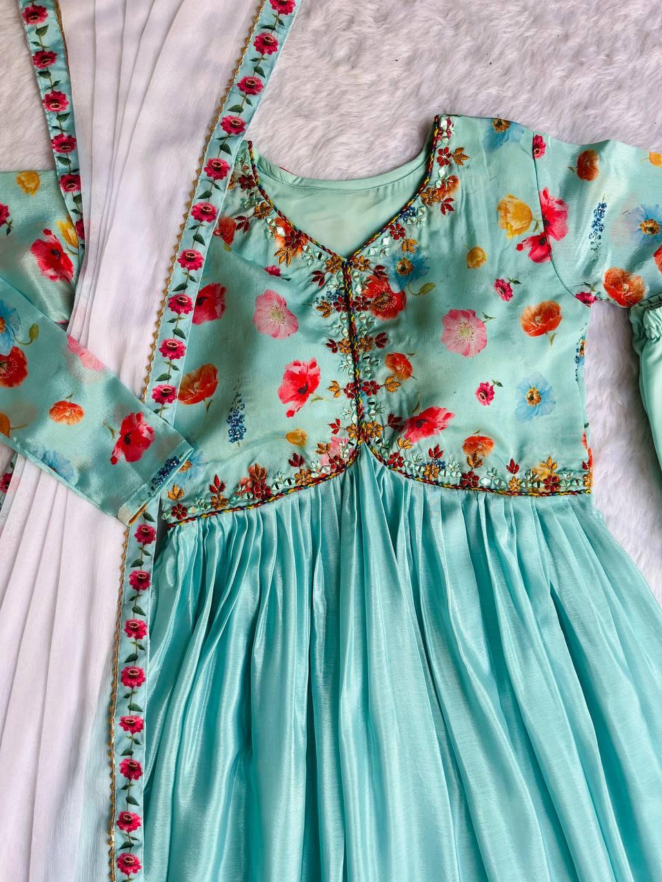 Ravishing Sky Blue Soft Chinon Floral Printed Handworked Anarkali Pant Suit - Ethnicwish