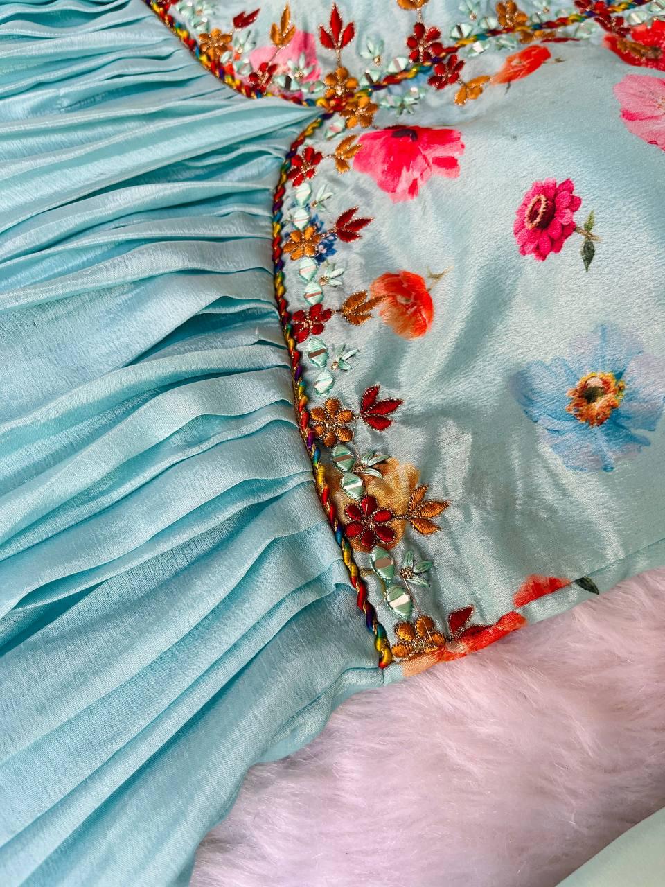 Ravishing Sky Blue Soft Chinon Floral Printed Handworked Anarkali Pant Suit - Ethnicwish