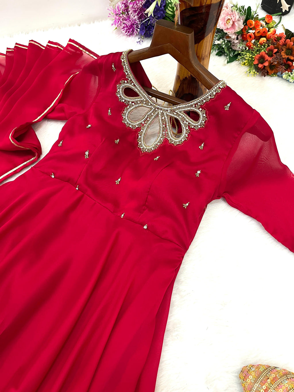 Resplendent Rangoli Georgette Fancy Neck Handworked Gown - Ethnicwish