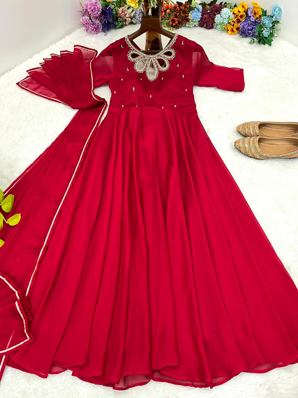 Resplendent Rangoli Georgette Fancy Neck Handworked Gown - Ethnicwish