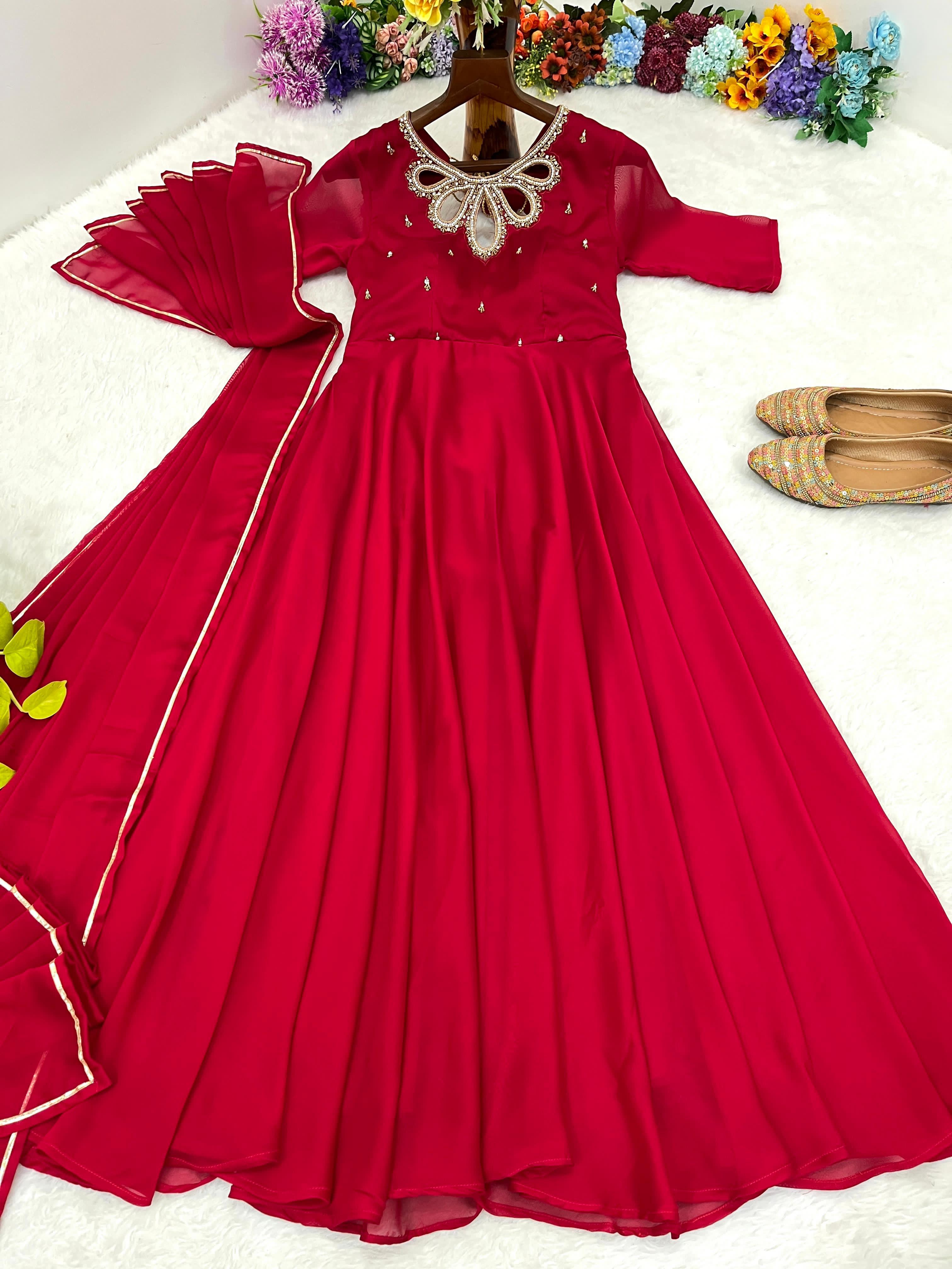 Resplendent Rangoli Georgette Fancy Neck Handworked Gown - Ethnicwish