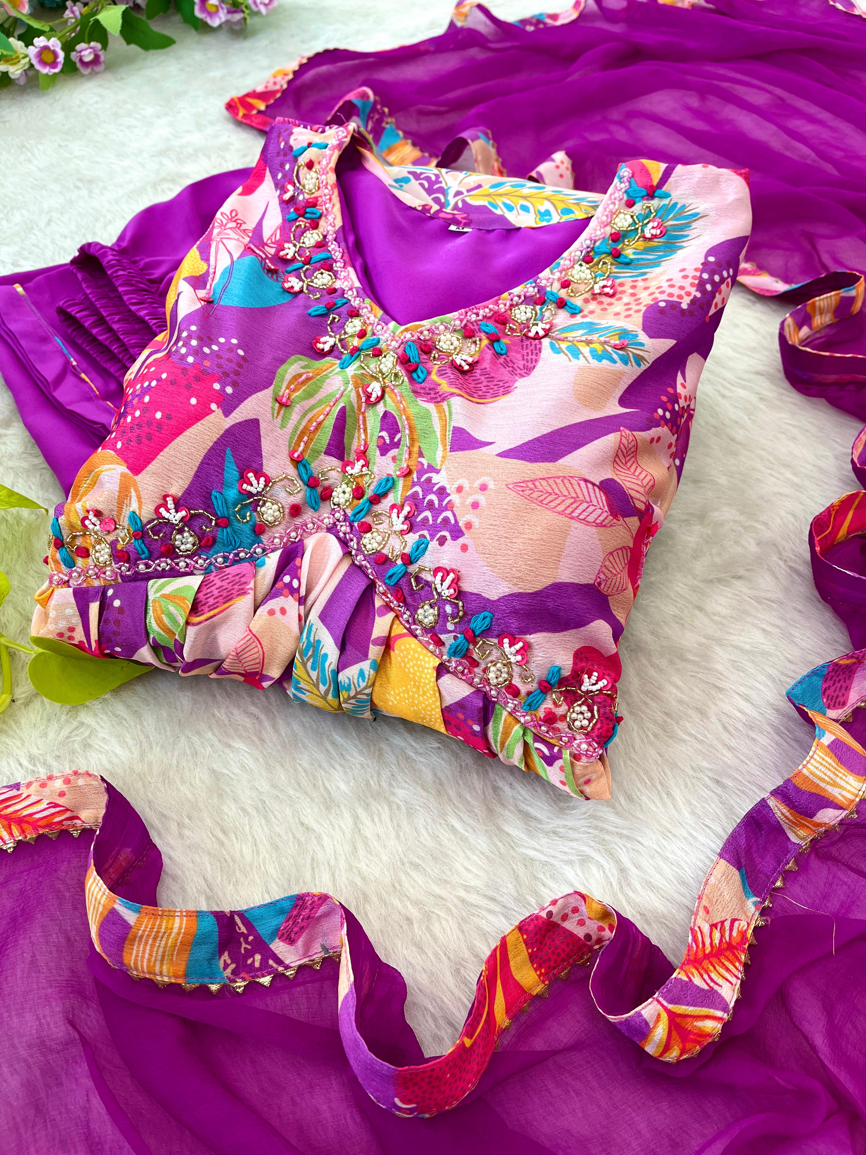 Spellbinding Soft Chinon Floral Printed Handworked Anarkali Pant Suit - Ethnicwish