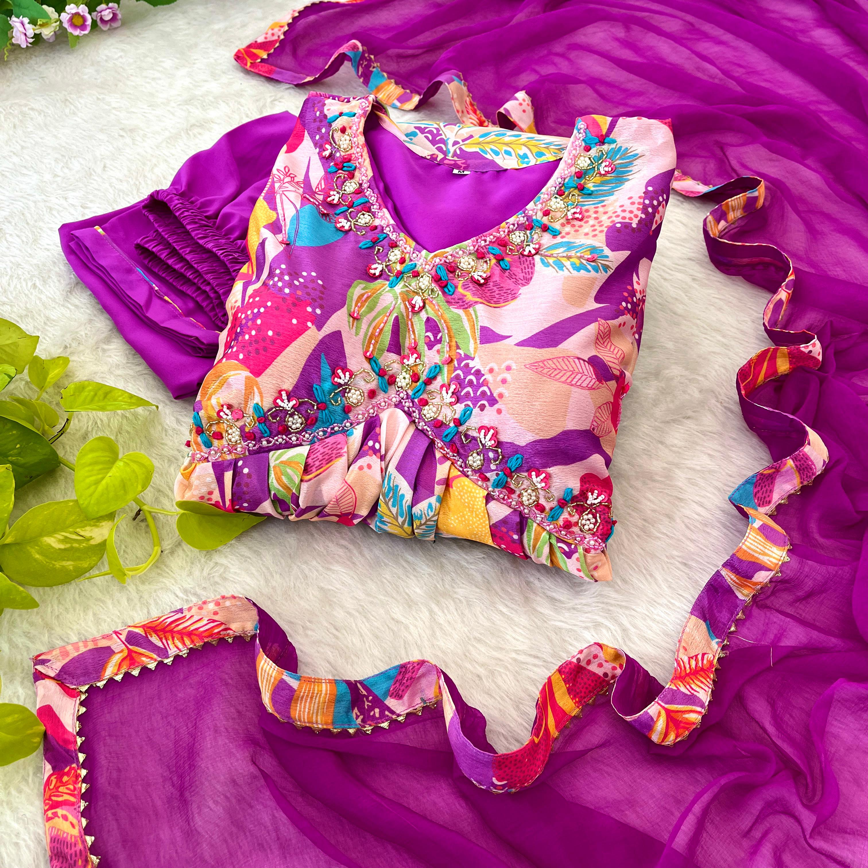 Spellbinding Soft Chinon Floral Printed Handworked Anarkali Pant Suit - Ethnicwish