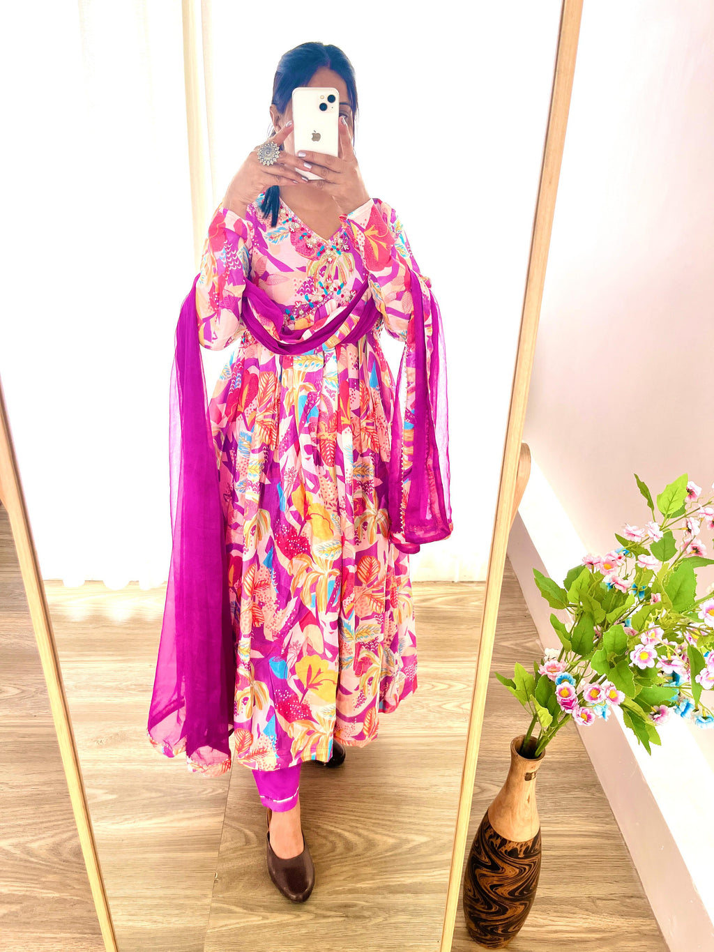 Spellbinding Soft Chinon Floral Printed Handworked Anarkali Pant Suit - Ethnicwish