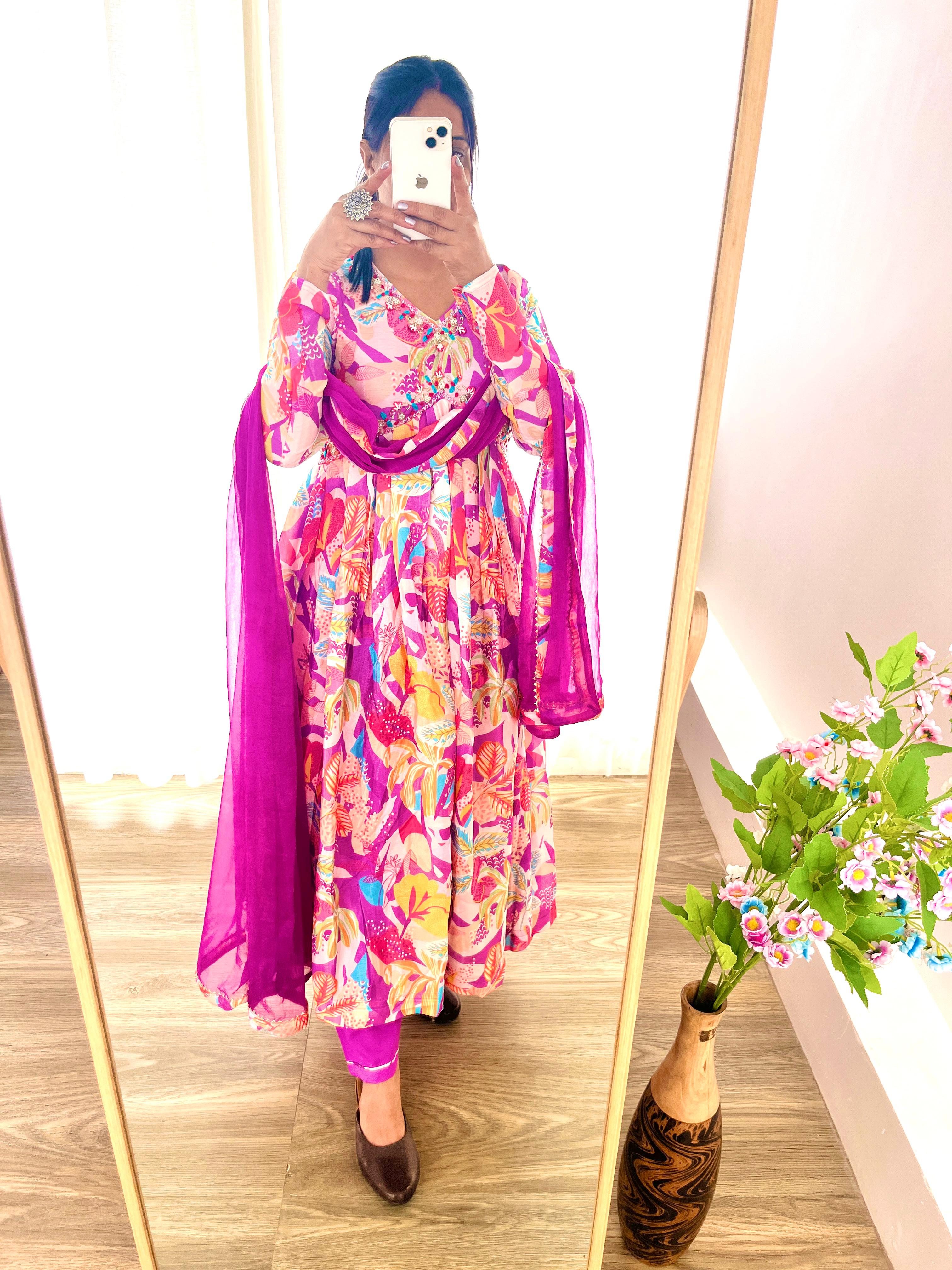 Spellbinding Soft Chinon Floral Printed Handworked Anarkali Pant Suit - Ethnicwish