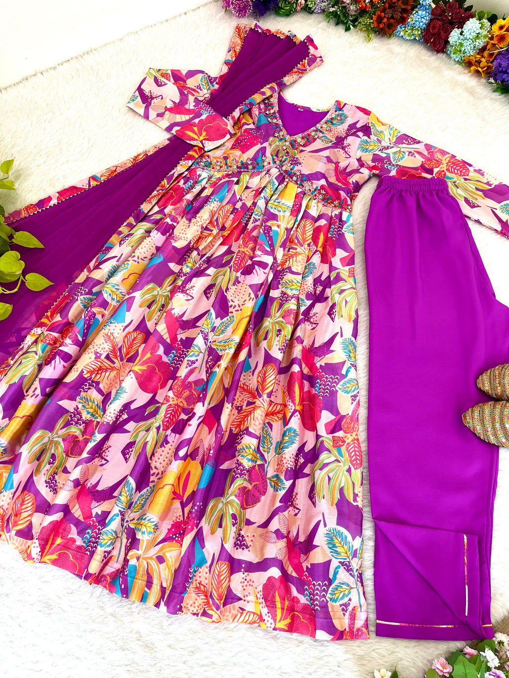 Spellbinding Soft Chinon Floral Printed Handworked Anarkali Pant Suit - Ethnicwish