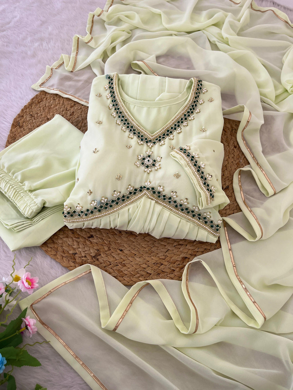 Stunning Off White Faux Georgette Handworked Anarkali Pant Suit - Ethnicwish