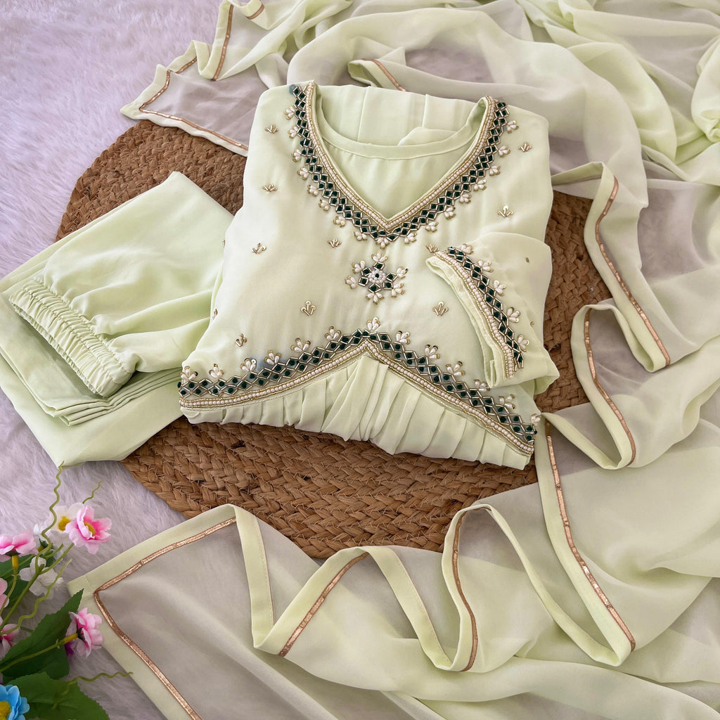 Stunning Off White Faux Georgette Handworked Anarkali Pant Suit - Ethnicwish