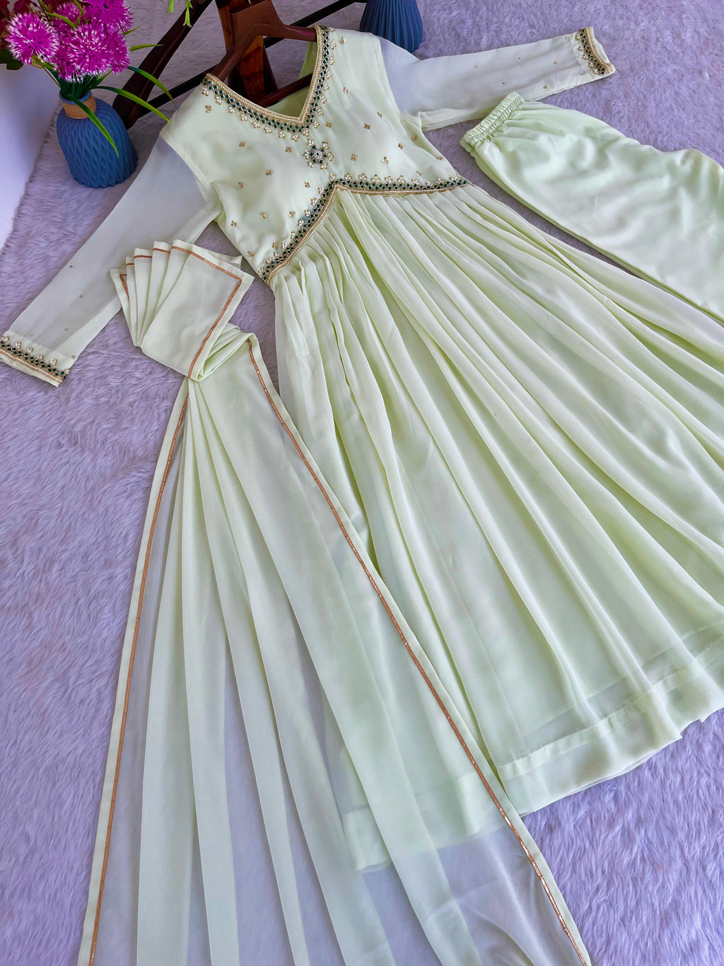 Stunning Off White Faux Georgette Handworked Anarkali Pant Suit - Ethnicwish