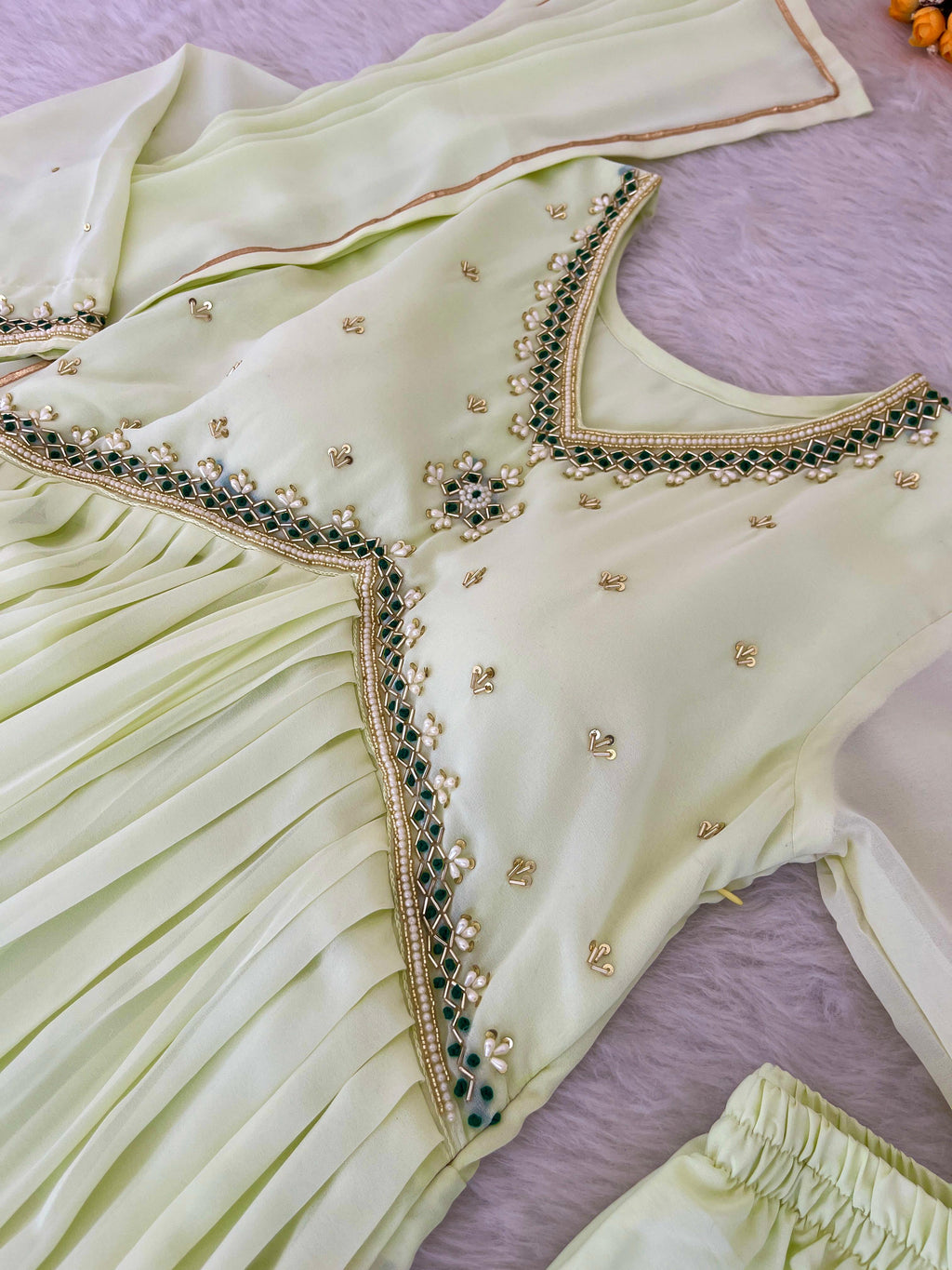 Stunning Off White Faux Georgette Handworked Anarkali Pant Suit - Ethnicwish