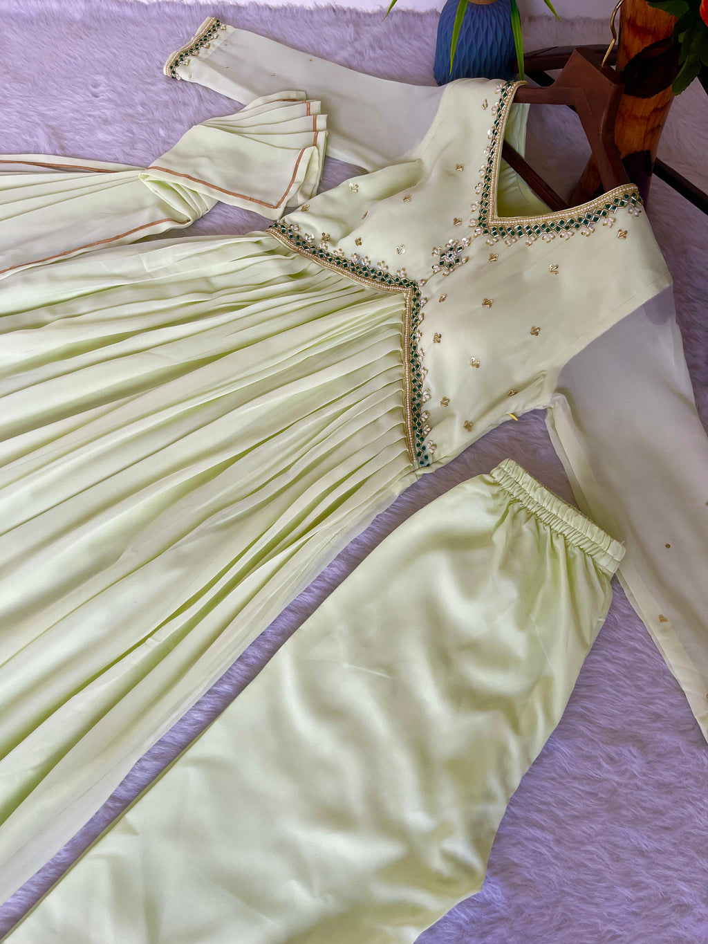 Stunning Off White Faux Georgette Handworked Anarkali Pant Suit - Ethnicwish